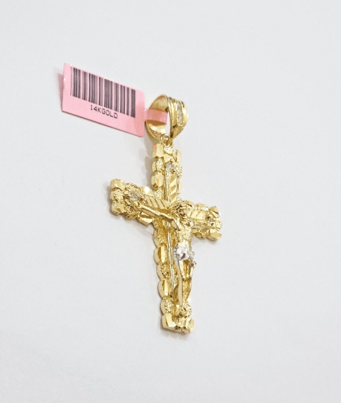 14k Yellow Gold Cross Nugget Pendant Jesus Crucifix 2 Inch 14kt Charm Men's REAL - Reva Jeweler