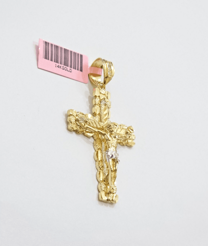 14k Yellow Gold Cross Nugget Pendant Jesus Crucifix 2 Inch 14kt Charm Men's REAL - Reva Jeweler
