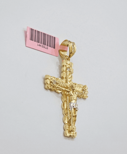 14k Yellow Gold Cross Nugget Pendant Jesus Crucifix 2 Inch 14kt Charm Men's REAL - Reva Jeweler
