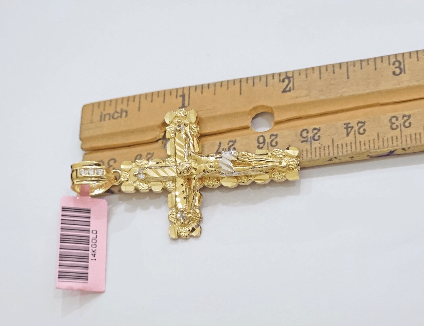 14k Yellow Gold Cross Nugget Pendant Jesus Crucifix 2 Inch 14kt Charm Men's REAL - Reva Jeweler