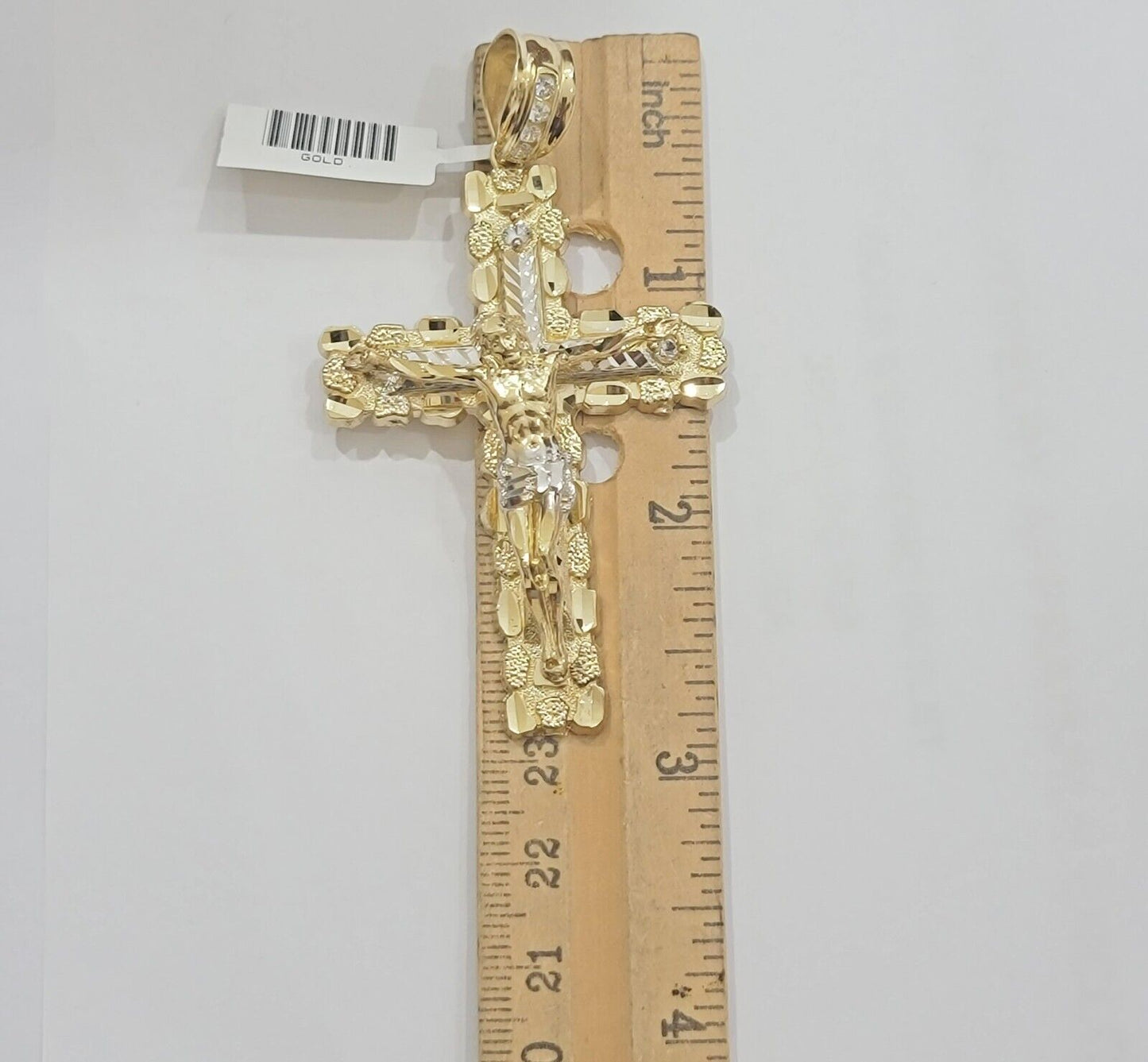 14k Yellow Gold Cross Nugget Pendant Jesus Crucifix 3 Inch 14kt Gold Men's REAL - Reva Jeweler