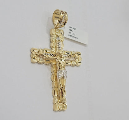 14k Yellow Gold Cross Nugget Pendant Jesus Crucifix 3 Inch 14kt Gold Men's REAL - Reva Jeweler