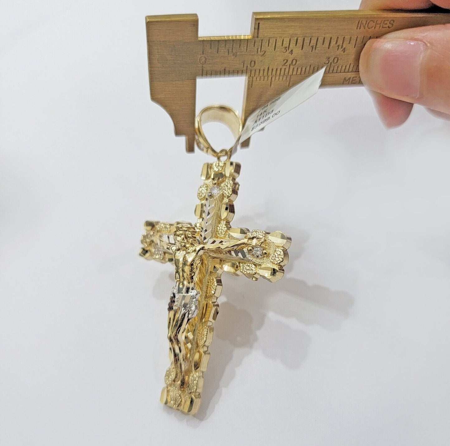14k Yellow Gold Cross Nugget Pendant Jesus Crucifix 3 Inch 14kt Gold Men's REAL - Reva Jeweler