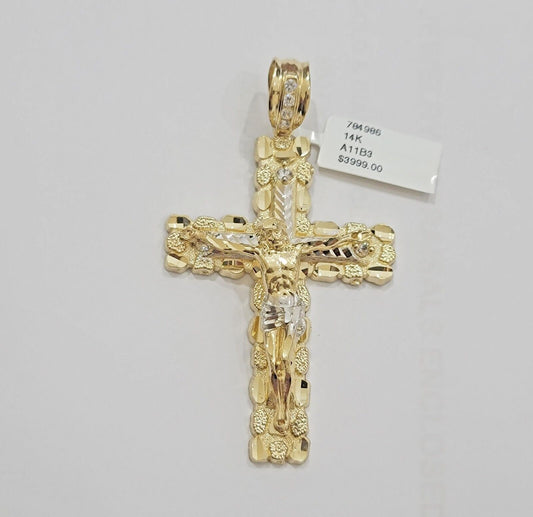 14k Yellow Gold Cross Nugget Pendant Jesus Crucifix 3 Inch 14kt Gold Men's REAL - Reva Jeweler