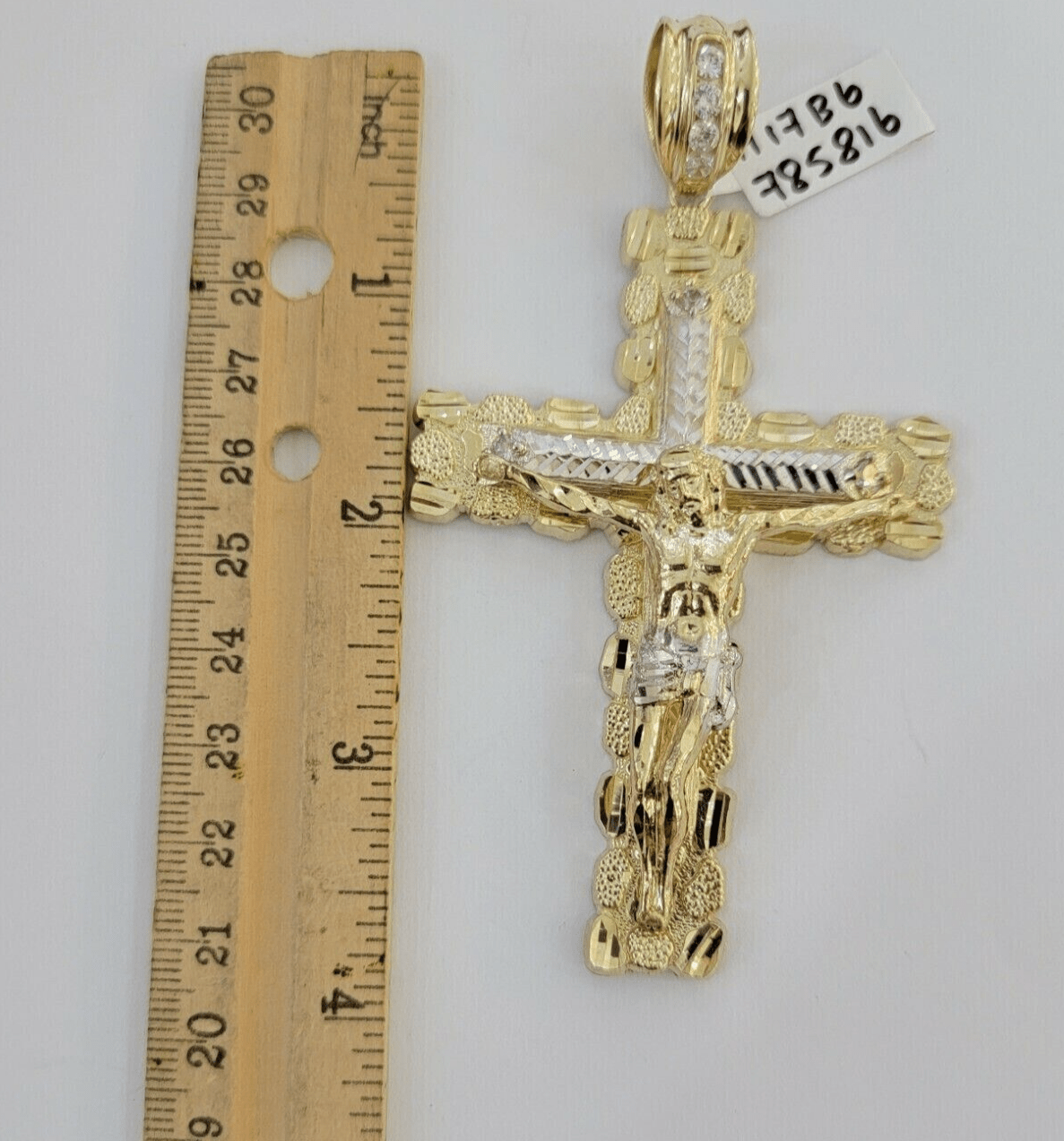 14k Yellow Gold Cross Nugget Pendant Jesus Crucifix 3.75" 14kt Gold Men's REAL - Reva Jeweler