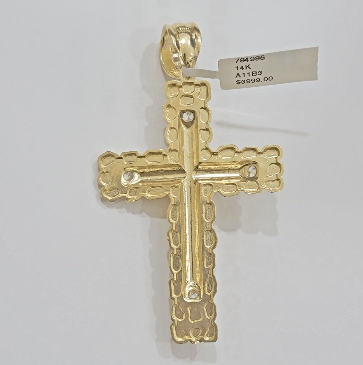 14k Yellow Gold Cross Nugget Pendant Jesus Crucifix 3.75" 14kt Gold Men's REAL - Reva Jeweler