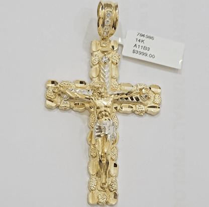 14k Yellow Gold Cross Nugget Pendant Jesus Crucifix 3.75" 14kt Gold Men's REAL - Reva Jeweler