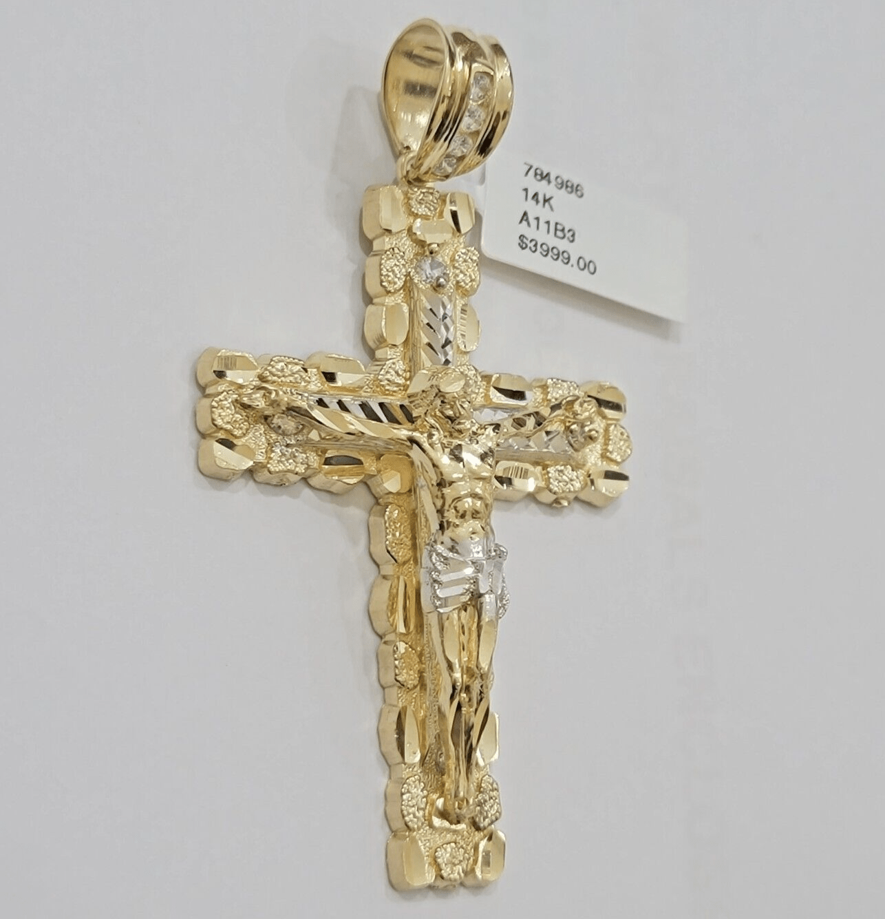 14k Yellow Gold Cross Nugget Pendant Jesus Crucifix 3.75" 14kt Gold Men's REAL - Reva Jeweler