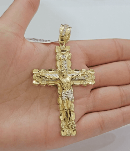 14k Yellow Gold Cross Nugget Pendant Jesus Crucifix 3.75" 14kt Gold Men's REAL - Reva Jeweler