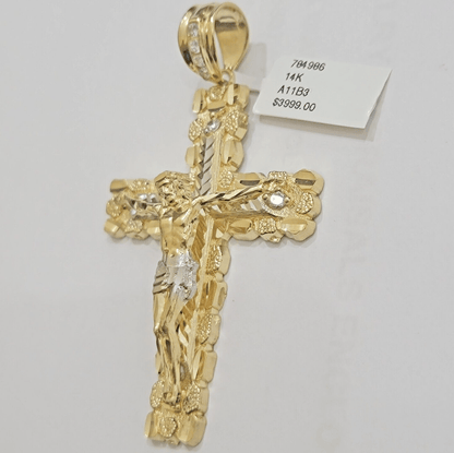 14k Yellow Gold Cross Nugget Pendant Jesus Crucifix 3.75" 14kt Gold Men's REAL - Reva Jeweler