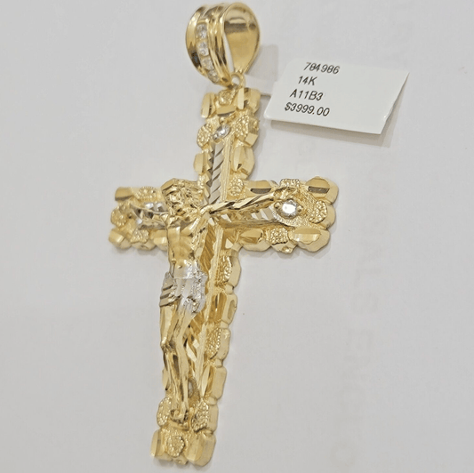 14k Yellow Gold Cross Nugget Pendant Jesus Crucifix 3.75" 14kt Gold Men's REAL - Reva Jeweler
