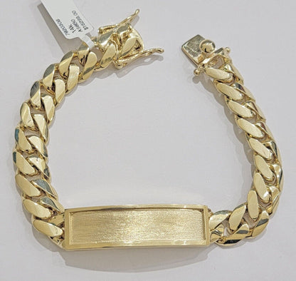 14k Yellow Gold ID Bracelet Miami Cuban Solid link 10mm Name Plate 9" Box Lock - Reva Jeweler