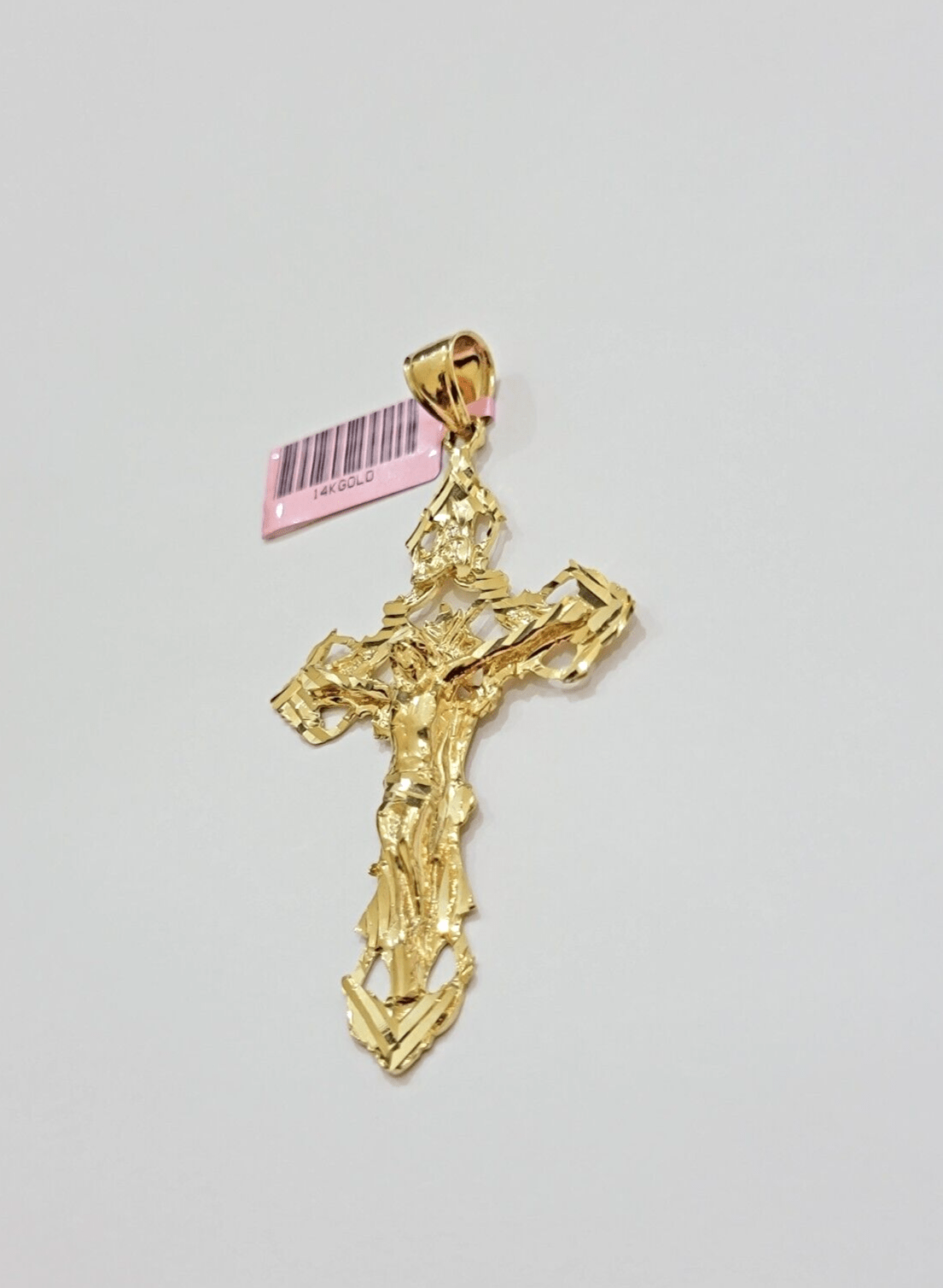 14k Yellow Gold Jesus Cross Charm Pendant 3 Inches Crucifix Chain Necklace SALE - Reva Jeweler
