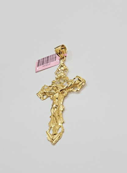 14k Yellow Gold Jesus Cross Charm Pendant 3 Inches Crucifix Chain Necklace SALE - Reva Jeweler