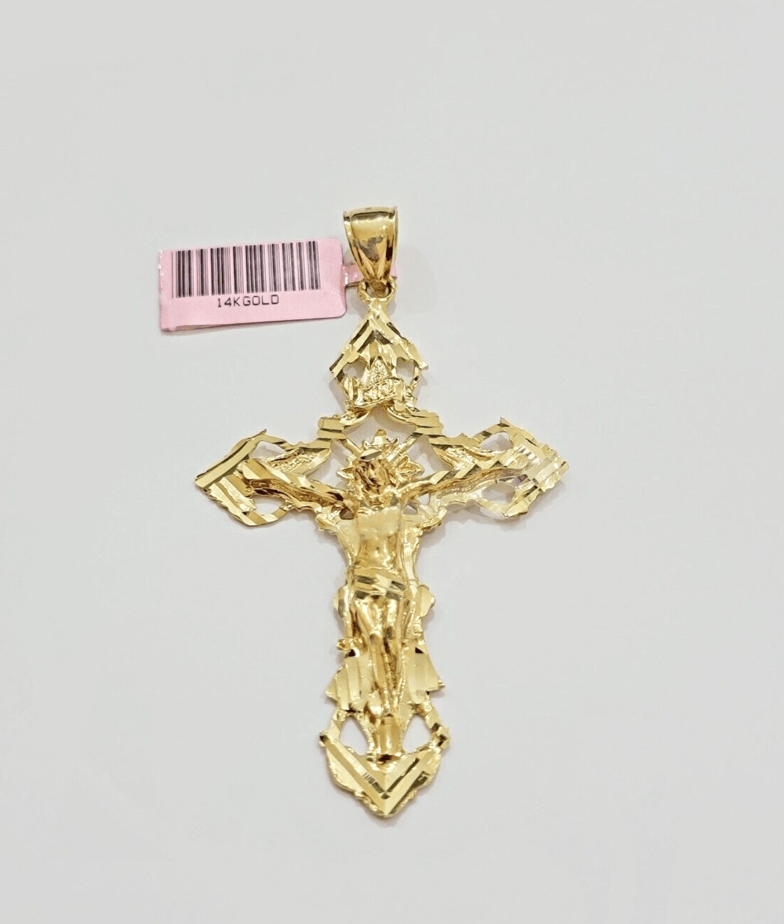 14k Yellow Gold Jesus Cross Charm Pendant 3 Inches Crucifix Chain Necklace SALE - Reva Jeweler