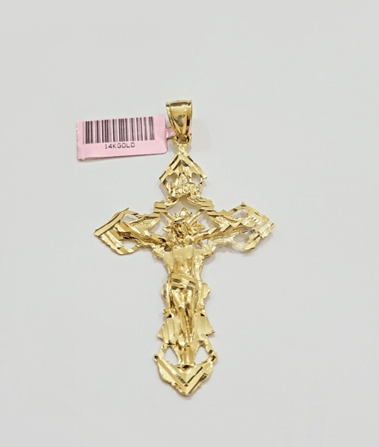 14k Yellow Gold Jesus Cross Charm Pendant 3 Inches Crucifix Chain Necklace SALE - Reva Jeweler