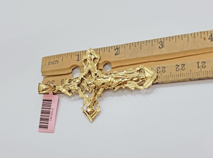 14k Yellow Gold Jesus Cross Charm Pendant 3 Inches Crucifix Chain Necklace SALE - Reva Jeweler