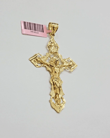 14k Yellow Gold Jesus Cross Charm Pendant 3 Inches Crucifix Chain Necklace SALE - Reva Jeweler