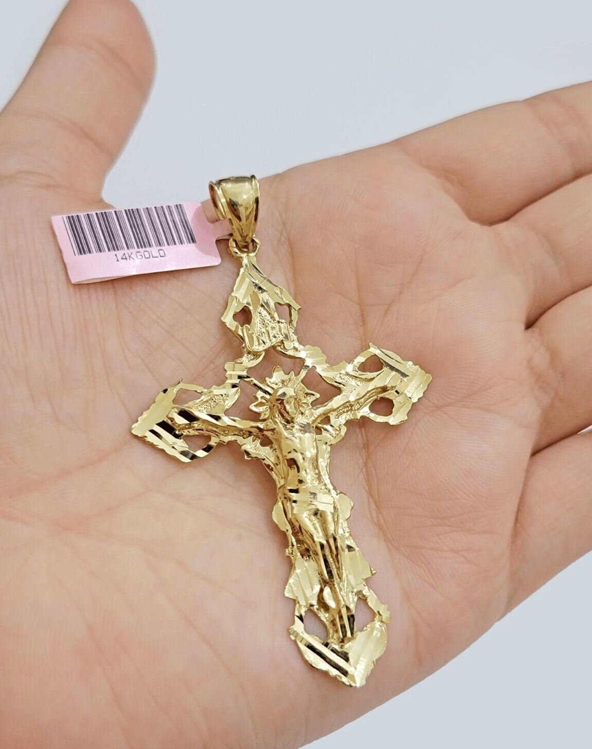 14k Yellow Gold Jesus Cross Charm Pendant 3 Inches Crucifix Chain Necklace SALE - Reva Jeweler