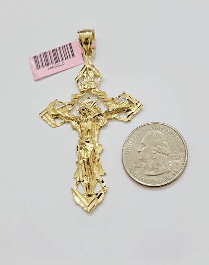 14k Yellow Gold Jesus Cross Charm Pendant 3 Inches Crucifix Chain Necklace SALE - Reva Jeweler