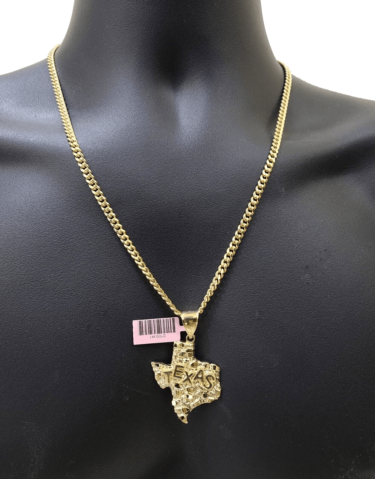 14k Yellow Gold Miami Cuban Chain 20 Inch Necklace Texas Map Charm Pendant Real - Reva Jeweler