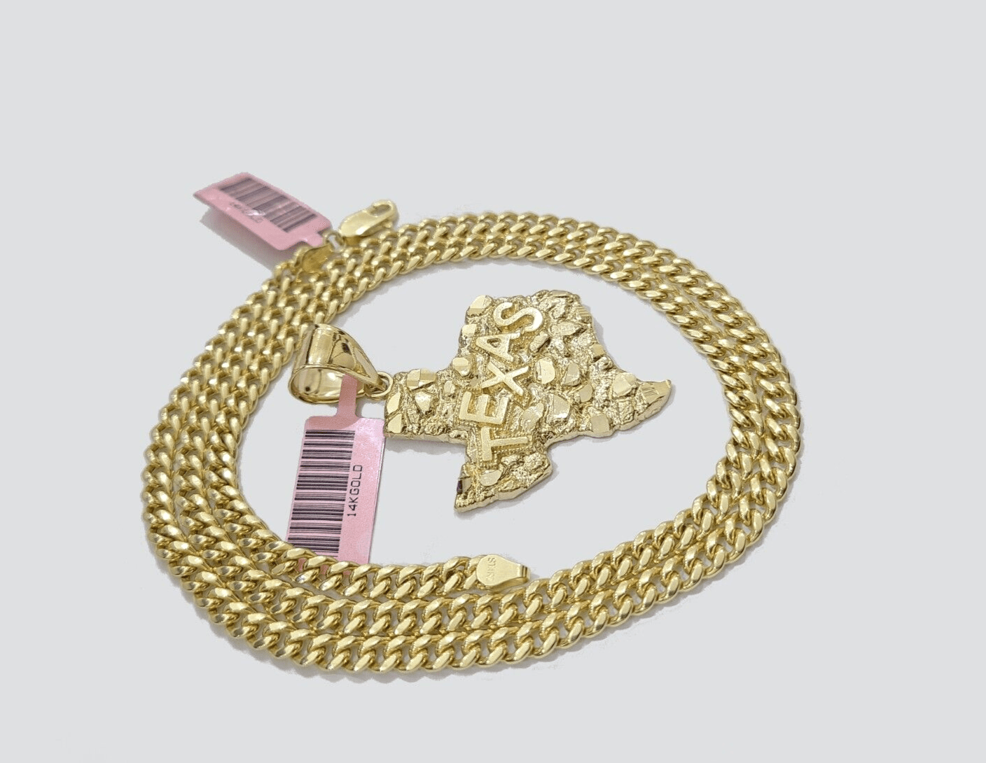14k Yellow Gold Miami Cuban Chain 20 Inch Necklace Texas Map Charm Pendant Real - Reva Jeweler