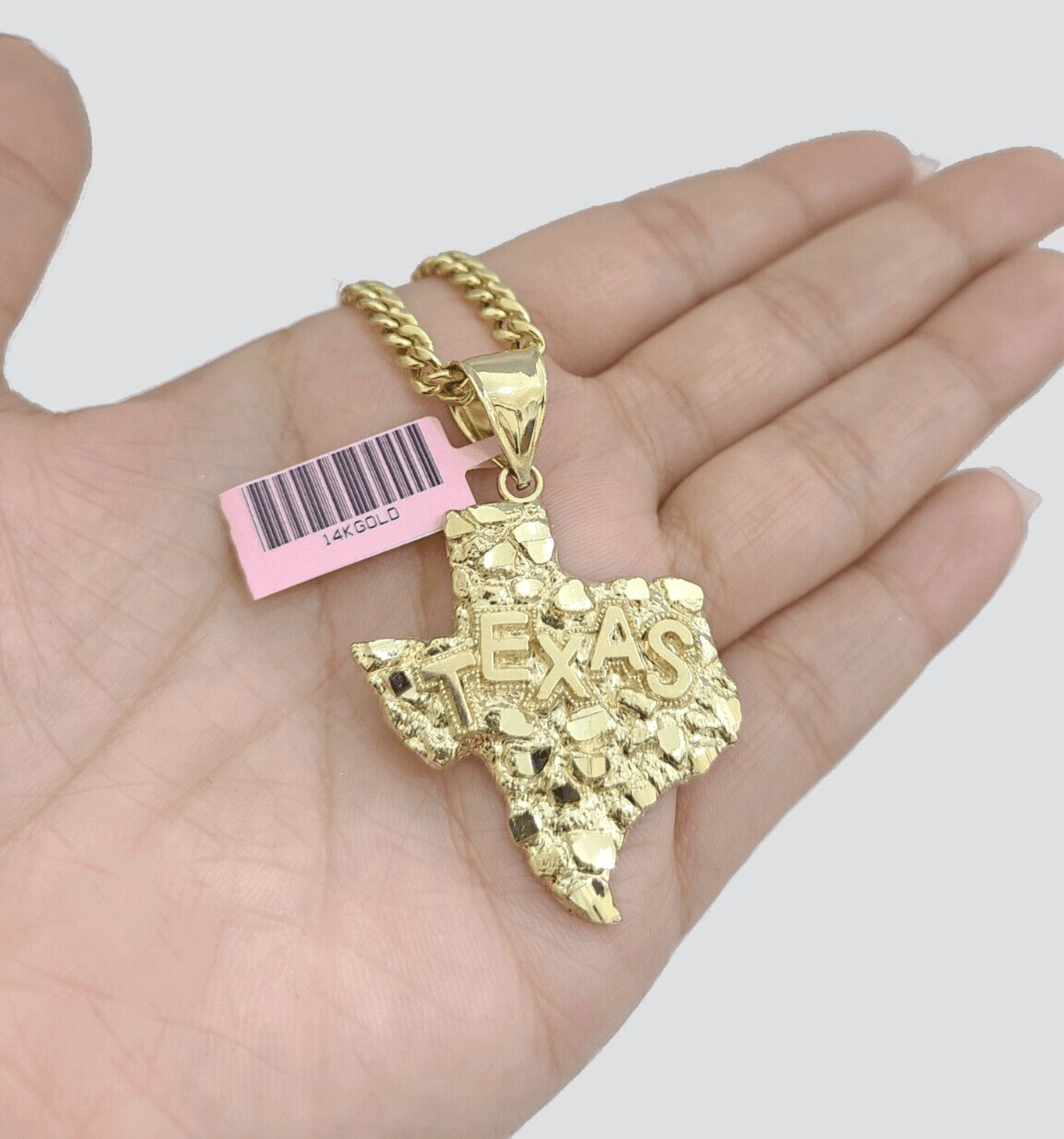 14k Yellow Gold Miami Cuban Chain 20 Inch Necklace Texas Map Charm Pendant Real - Reva Jeweler