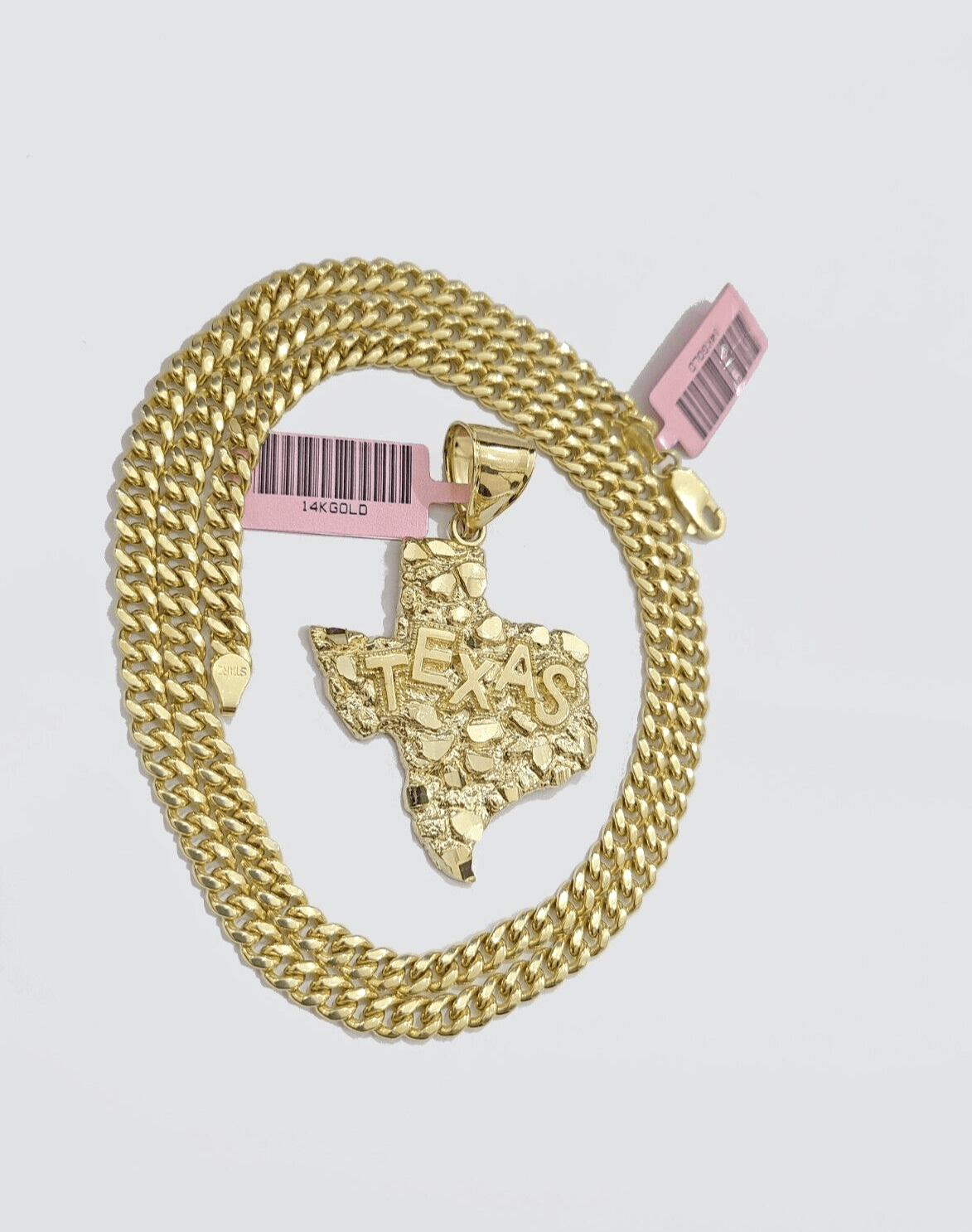 14k Yellow Gold Miami Cuban Chain 20 Inch Necklace Texas Map Charm Pendant Real - Reva Jeweler