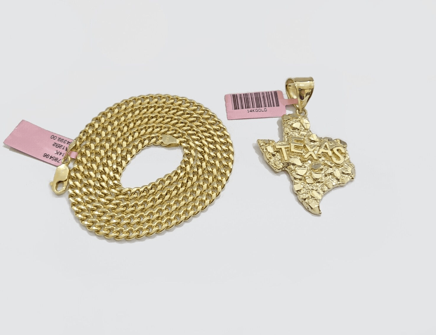 14k Yellow Gold Miami Cuban Chain 24 Inch Necklace Texas Map Charm Pendant Real - Reva Jeweler