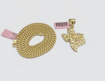 14k Yellow Gold Miami Cuban Chain 24 Inch Necklace Texas Map Charm Pendant Real - Reva Jeweler