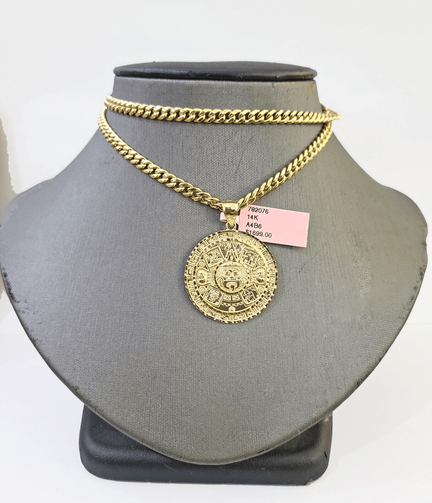 14k Yellow Gold Miami Cuban Chain & Mayan Calendar Charm SET 5mm 22 Inches