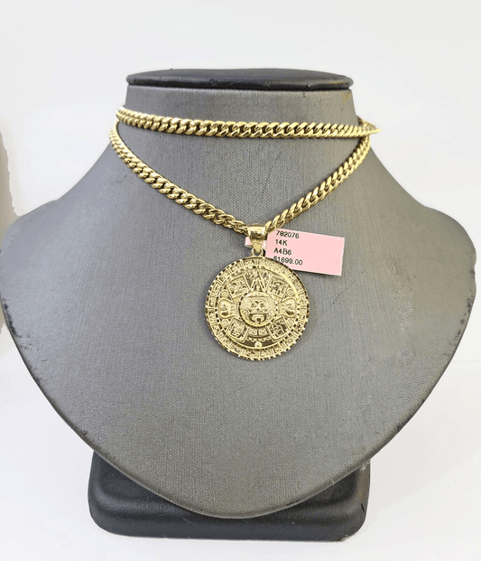 14k Yellow Gold Miami Cuban Chain & Mayan Calendar Charm SET 5mm 22 Inches