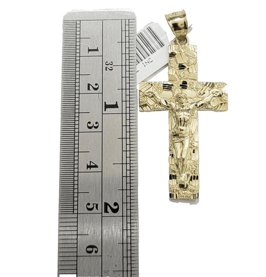 14k Yellow Gold Nugget Jesus Cross Charm Pendant 2'' inches Real 14kt SALE Chain - Reva Jeweler