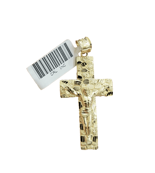14k Yellow Gold Nugget Jesus Cross Charm Pendant 2'' inches Real 14kt SALE Chain - Reva Jeweler