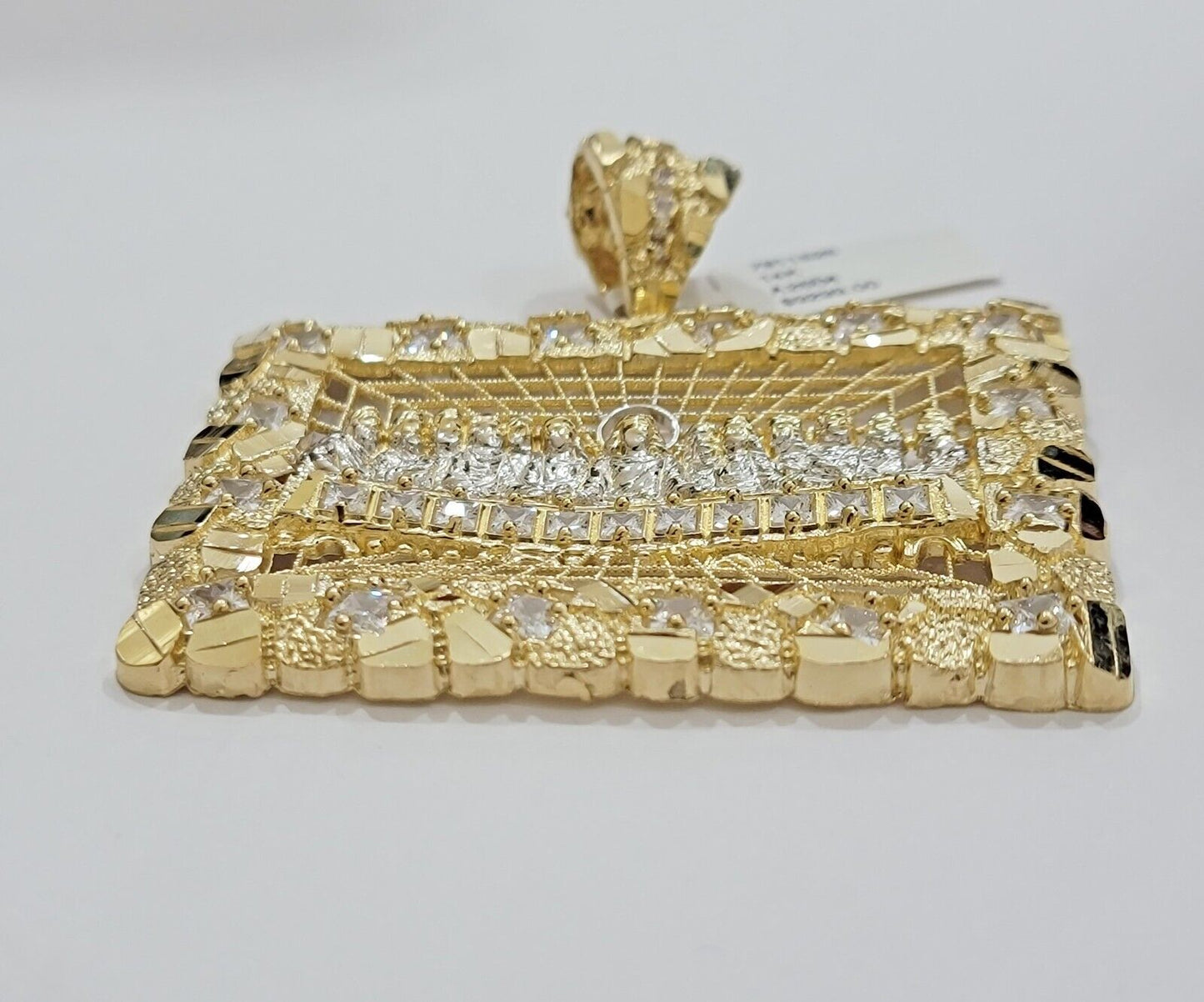 14k Yellow Gold Pendant Nugget Last Supper Charm Medallion Square REAL 14KT Mens - Reva Jeweler