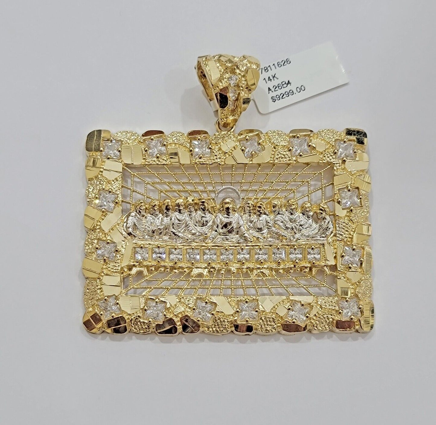 14k Yellow Gold Pendant Nugget Last Supper Charm Medallion Square REAL 14KT Mens - Reva Jeweler
