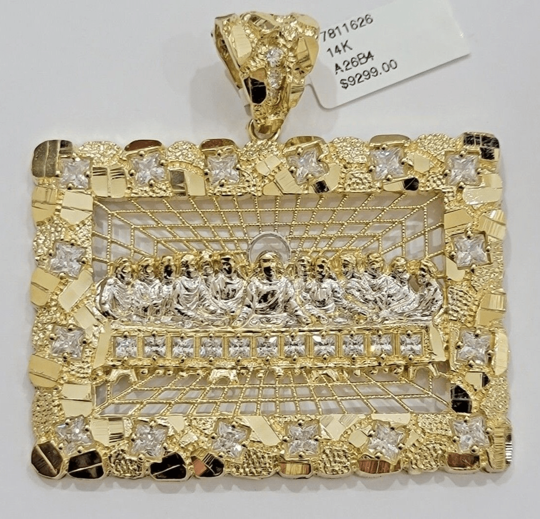 14k Yellow Gold Pendant Nugget Last Supper Charm Medallion Square REAL 14KT Mens - Reva Jeweler