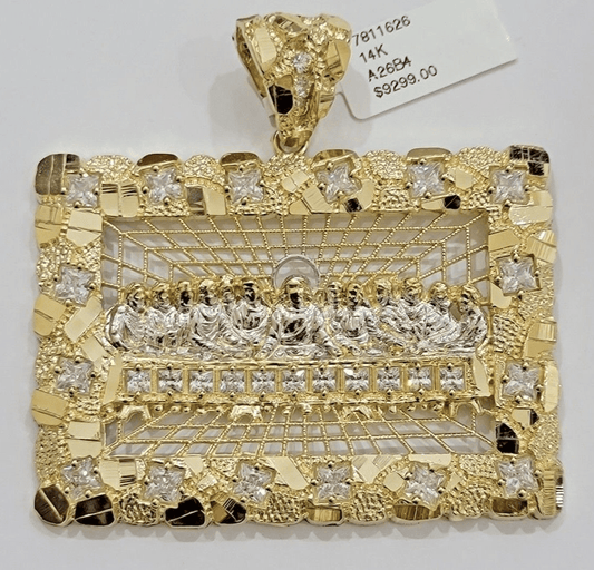 14k Yellow Gold Pendant Nugget Last Supper Charm Medallion Square REAL 14KT Mens - Reva Jeweler