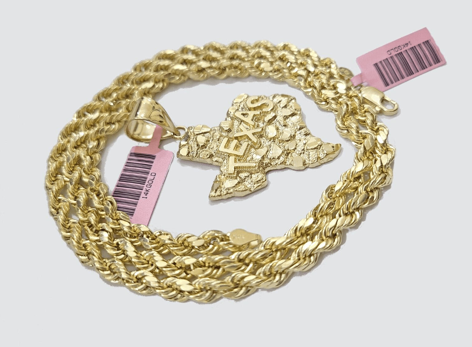 14k Yellow Gold Rope Chain 20'' Inch Necklace Texas Map Charm Pendant Real 14kt - Reva Jeweler