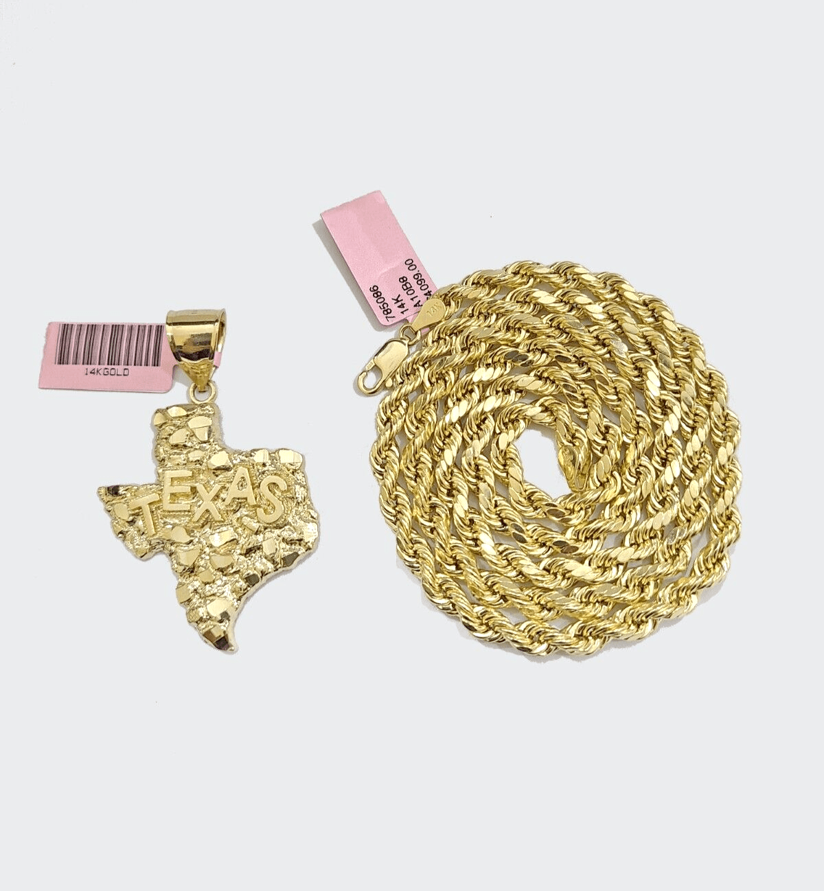 14k Yellow Gold Rope Chain 20'' Inch Necklace Texas Map Charm Pendant Real 14kt - Reva Jeweler