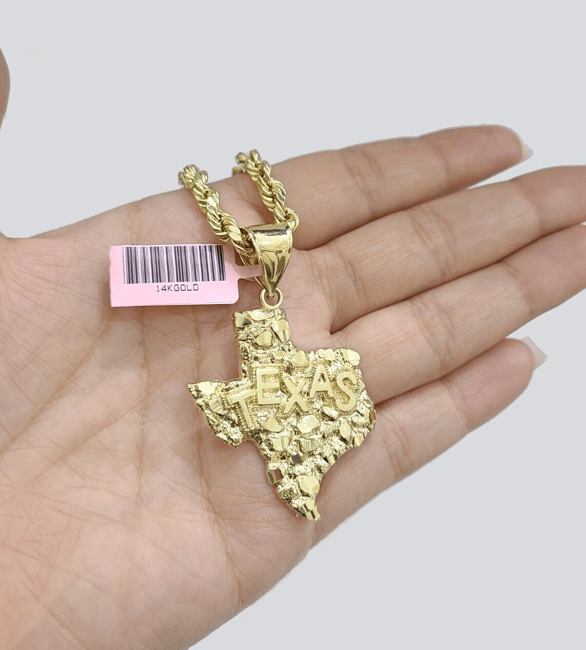 14k Yellow Gold Rope Chain 20'' Inch Necklace Texas Map Charm Pendant Real 14kt - Reva Jeweler