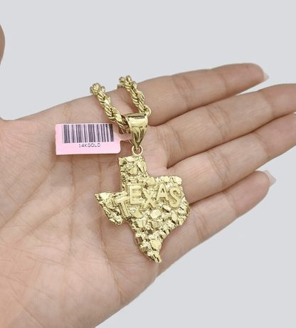 14k Yellow Gold Rope Chain 20'' Inch Necklace Texas Map Charm Pendant Real 14kt - Reva Jeweler