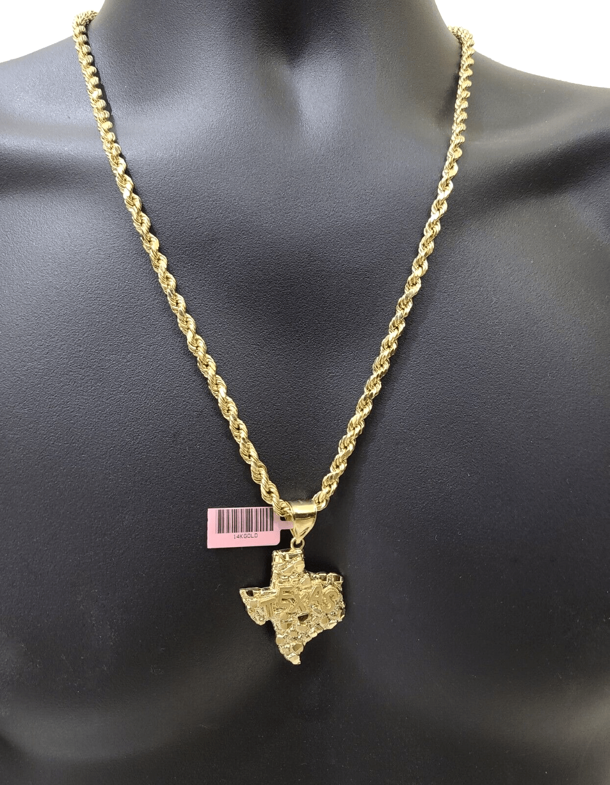 14k Yellow Gold Rope Chain 20'' Inch Necklace Texas Map Charm Pendant Real 14kt - Reva Jeweler