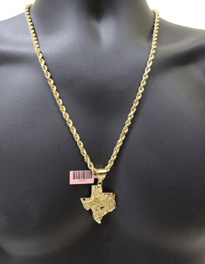 14k Yellow Gold Rope Chain 20'' Inch Necklace Texas Map Charm Pendant Real 14kt - Reva Jeweler