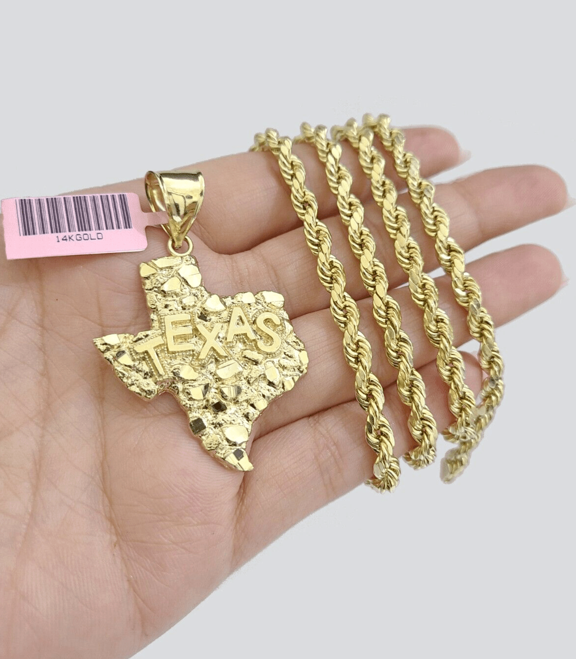 14k Yellow Gold Rope Chain 20'' Inch Necklace Texas Map Charm Pendant Real 14kt - Reva Jeweler