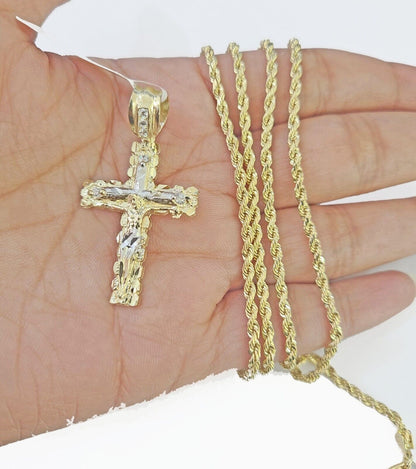 14k Yellow Gold Rope Chain 2.5mm 20Inches & Jesus Nugget Cross Charm SET