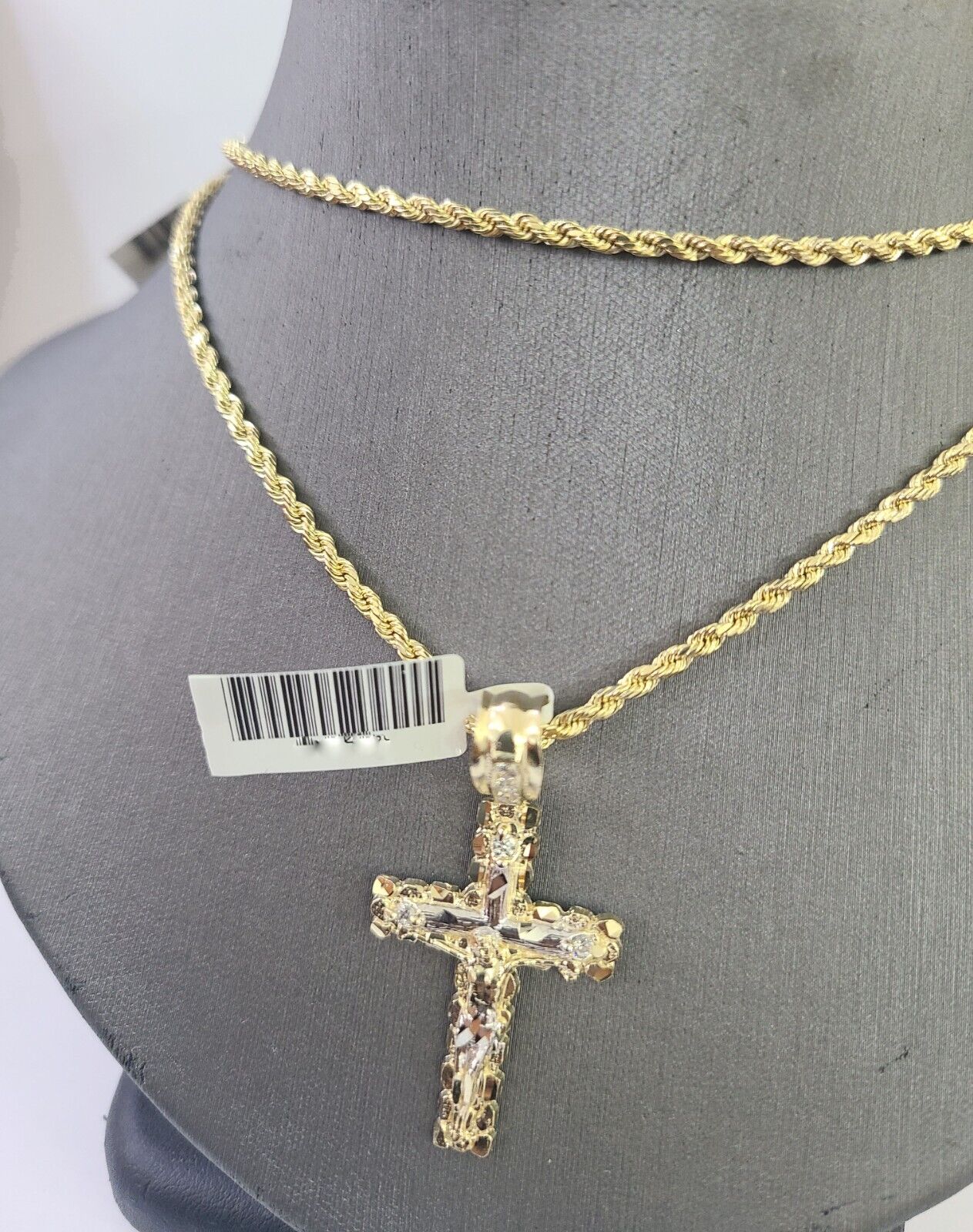 14k Yellow Gold Rope Chain 2.5mm 24Inches & Jesus Nugget Cross Charm SET