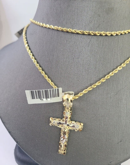 14k Yellow Gold Rope Chain 2.5mm 24Inches & Jesus Nugget Cross Charm SET