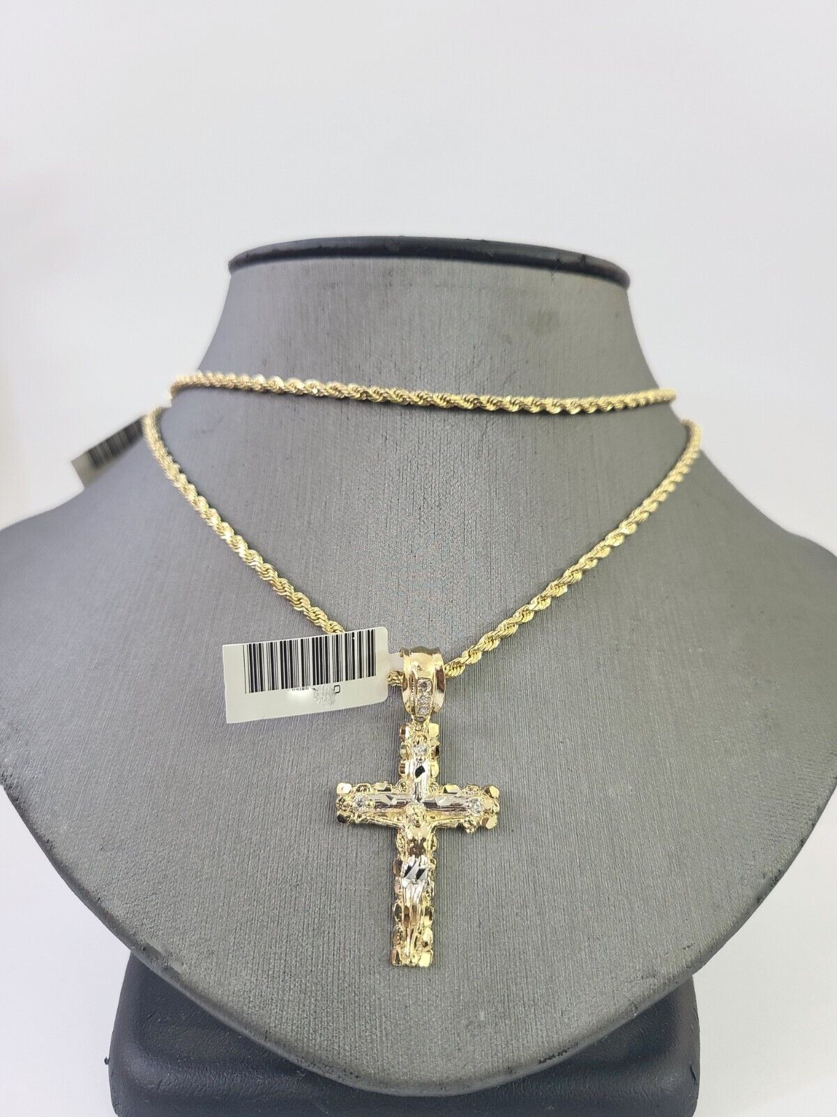 14k Yellow Gold Rope Chain 2.5mm 24Inches & Jesus Nugget Cross Charm SET