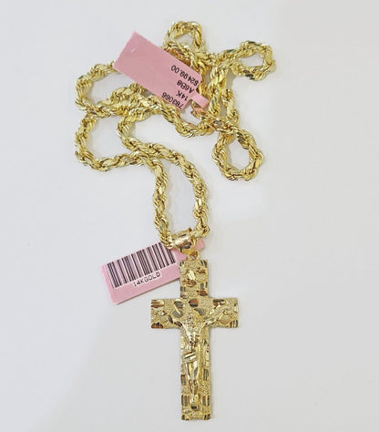 14k Yellow Gold Rope Chain Cross Pendant Charm SET 4mm 22 Inch Necklace REAL